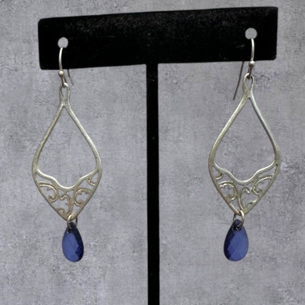 Filigree 2" Dangle Earrings Womens Blue Silver Teardrop Boho